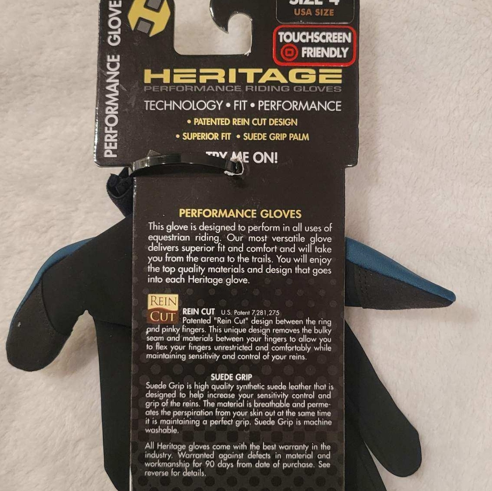 Heritage performance equestrian riding gloves. Teal and black size 4